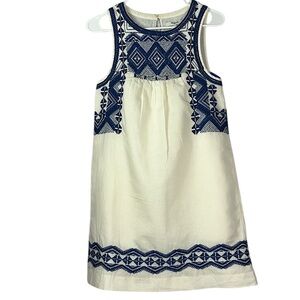 Madewell linen/cotton sleeveless embroidery detail sheath dress Sz XS Ivory/Navy